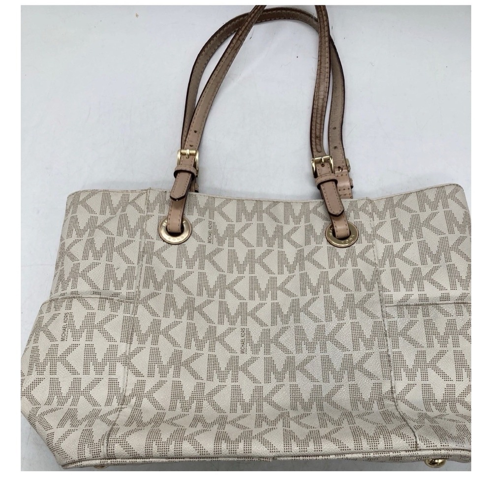 Michael Kors Signature Beige Logo Large Tote Zip Top Gold Hardware MK Charm
